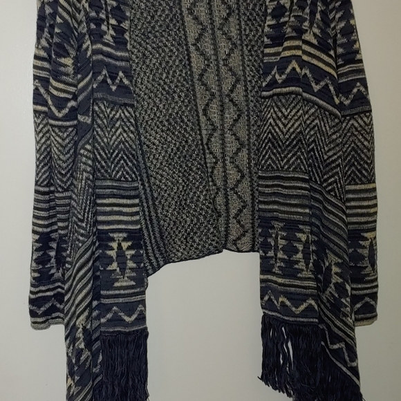 Sonoma Aztec Fringe Sweater / Cardigan, Blue, creamy gray color size large